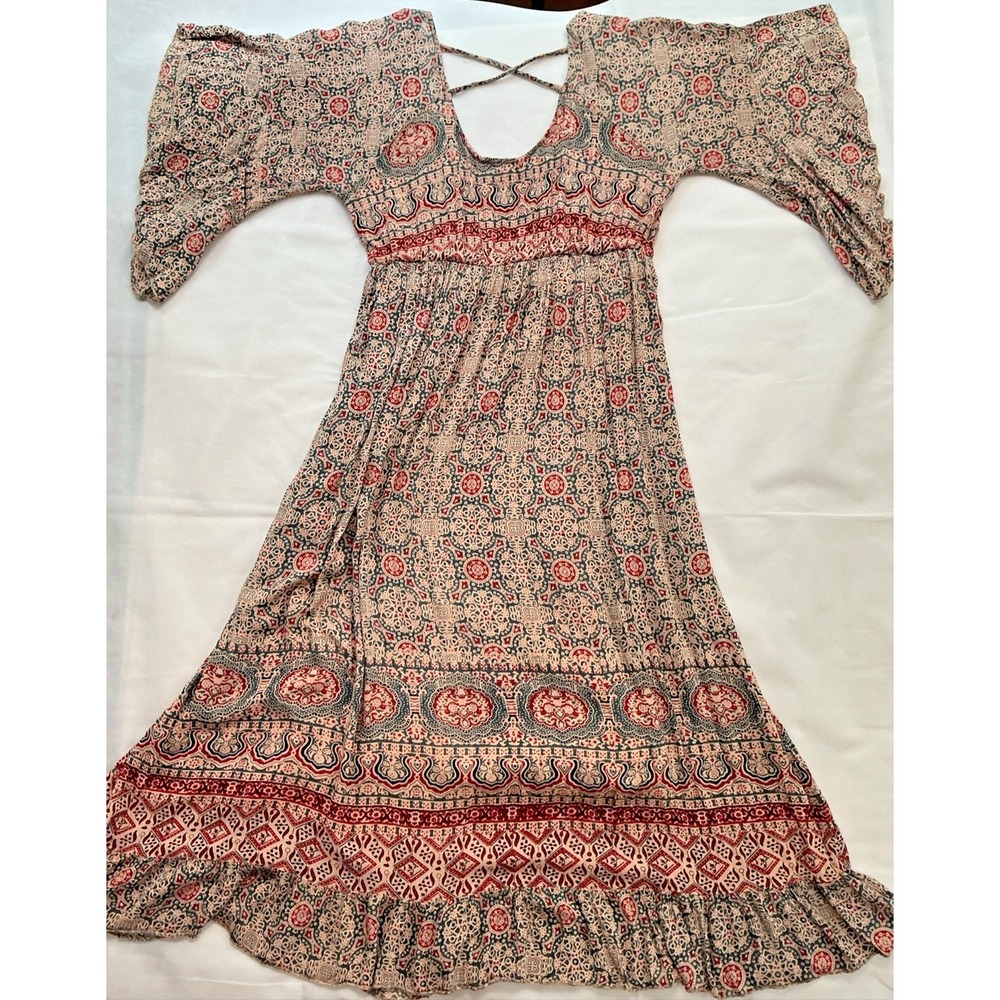 J Gee Floral Peasant Milkmaid Flared Sleeves Dress Large Cottage Boho Whimsigoth